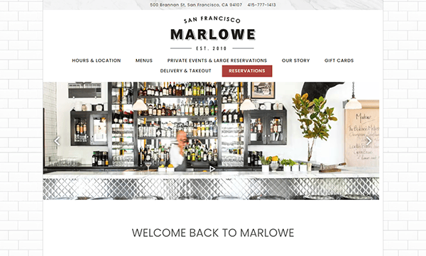 Interior view of Marlowe restaurant featuring a well-stocked bar and bartender in motion. The text includes restaurant details, a navigation menu, and a welcome message.