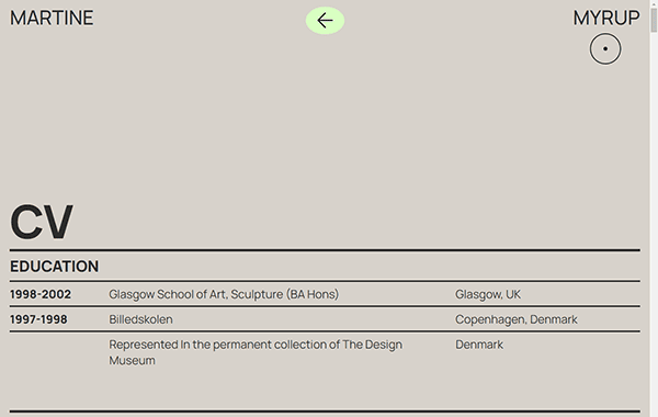 CV section of a document showing education details. Includes Glasgow School of Art (BA Hons, Sculpture, 1998-2002) and Billedskolen (1997-1998). Also mentions representation in The Design Museum.