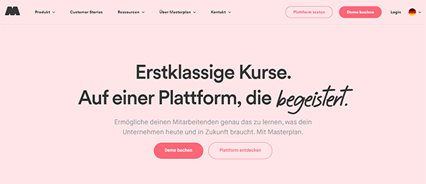 A website homepage with a pink theme promoting courses on an online platform called "Masterplan". Buttons for "Test platform", "Book demo", and "Log in" are visible. Text is in German.