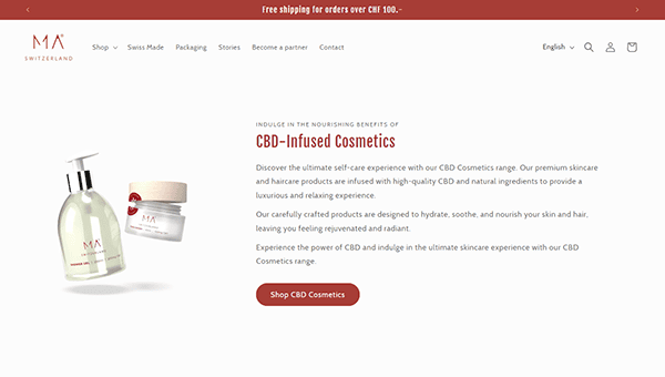 A webpage advertises MA Switzerland's CBD-infused cosmetics, showcasing a pump bottle and a jar. The text highlights product benefits and a call-to-action button to shop CBD cosmetics.