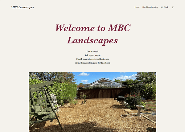 Screenshot of a website for MBC Landscapes featuring a garden with landscaping elements. The homepage includes contact information and links to "Home," "Hard Landscaping," and "My Work.