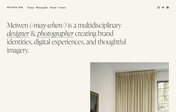 A webpage introduces Meiwen, a designer and photographer specializing in brand identities, digital experiences, and imagery. A small photo of beige curtains and a window appears on the right.