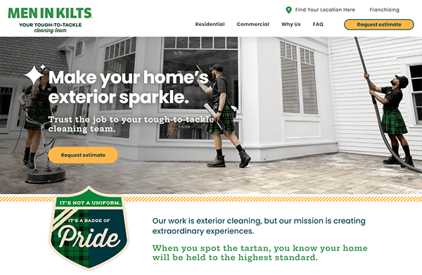 Several people in tartan kilts cleaning a house exterior. Text includes "Make your home's exterior sparkle" and "Our work is exterior cleaning, but our mission is creating extraordinary experiences.