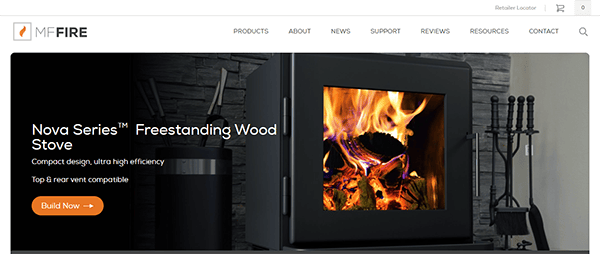 Image of a webpage displaying the Nova Series Freestanding Wood Stove by MF Fire. The stove has a visible fire inside, and text beside it promotes its compact design and high efficiency.