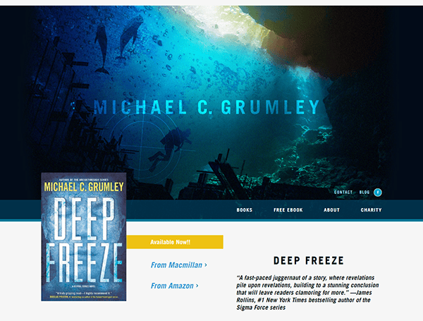 The image shows a promotional banner for Michael C. Grumley's book "Deep Freeze" with an underwater scene. The book cover is displayed on the left, and a brief blurb and purchasing options are on the right.