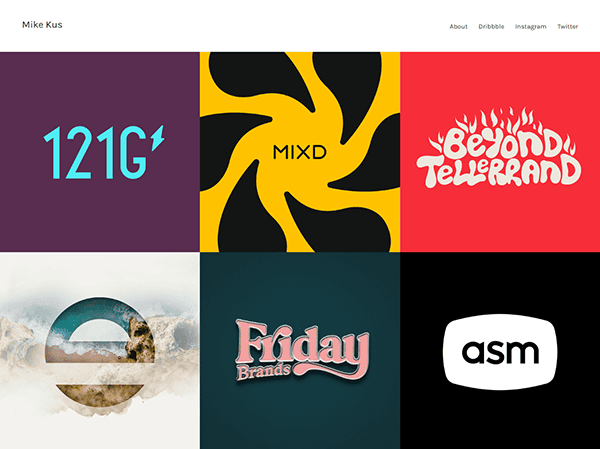 A webpage titled "Mike Kus" displays a portfolio grid of six colorful logo designs set against plain backgrounds, including "121G", "MIXD", "Beyond Tellerrand", an abstract "E", "Friday Brands", and "asm".