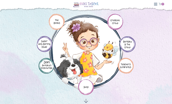 Illustration of a child with glasses holding a stuffed toy and sitting next to a black and white dog. Circular icons around them include labels like "The Books", "Creative Crew", and "Shop".