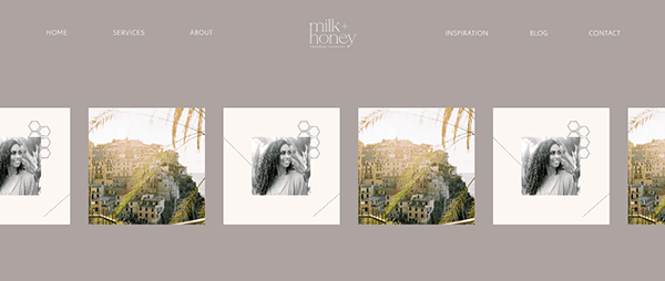 Website homepage with a navigation menu, logo for "milk+ honey", and a visual grid of alternating grayscale portraits of a person and a scenic photo of a hillside town.