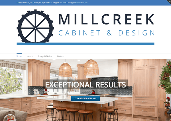 Screenshot of the Millcreek Cabinet & Design website, showing a logo, navigation bar, and a featured image of a modern kitchen with wooden cabinets and a banner reading "EXCEPTIONAL RESULTS.