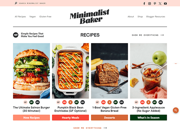 Image of a Minimalist Baker website page displaying various recipes including The Ultimate Salmon Burger, Pumpkin Black Bean Enchiladas, 1-Bowl Vegan Gluten-Free Banana Bread, and 3-Ingredient Applesauce.