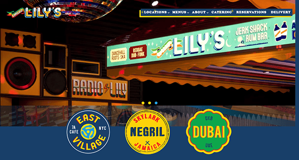 Screenshot of Lily's website showing a colorful Jamaican-themed restaurant with sections for locations in East Village NYC, Negril Jamaica, and Dubai UAE, alongside menu and reservations links.