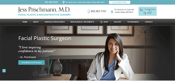 Screenshot of Dr. Jess Prischmann's website, featuring her in a white coat with text: "I love inspiring confidence in my patients" - Dr. Prischmann, and contact details for the facial plastic surgery practice.