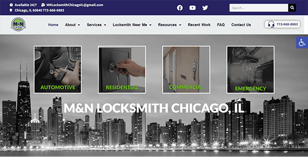 Screenshot of the website for M&N Locksmith Chicago, IL, featuring services such as automotive, residential, commercial, and emergency locksmith services. Contact information and navigation menu are visible at the top.