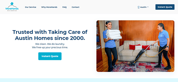 Two people in blue uniforms clean a living room, one holding folded towels and the other vacuuming. Text on the image promotes a home cleaning service trusted in Austin since 2000.