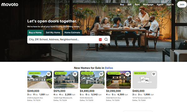 A website homepage displaying a group of people having a meal, with real estate search options and listings for homes in Dallas, including images, prices, and property details.