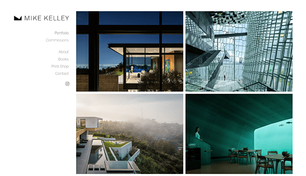 A webpage featuring an architecture photographer's portfolio. The layout includes a grid of four architectural photographs and links to Portfolio, Commissions, About, Books, Print Shop, and Contact.