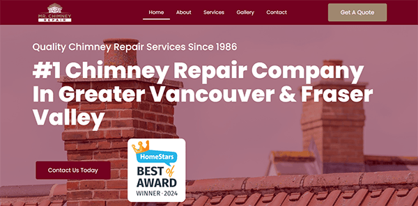 Image of a website banner for "Mr. Chimney Repair" displaying a rooftop with chimneys. The banner text claims it is the "#1 Chimney Repair Company in Greater Vancouver & Fraser Valley" and mentions an award.