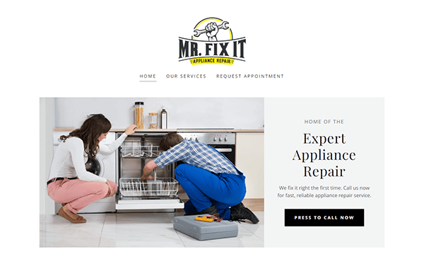 A technician in blue overalls and a woman in casual attire kneel in front of an open dishwasher, inspecting the appliance. A logo for "Mr. Fix It Appliance Repair" is at the top, with contact information on the side.