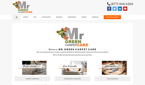 Screenshot of a carpet cleaning service website called "Mr. Green Carpet Care." The homepage features service options, contact details, and social media links. Promoted features include professional, eco-friendly, and affordable services.