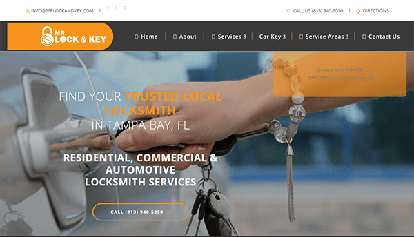 Website header for Mr. Lock & Key, a locksmith service in Tampa Bay, FL, showing a person using a key on a car door. Contact information and service links are displayed at the top.