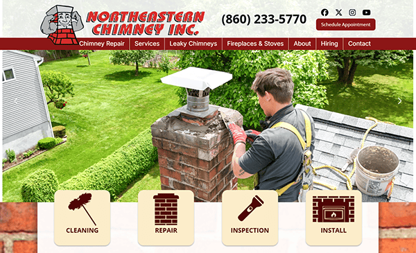 Worker cleaning chimney on the website banner of Northeastern Chimney Inc., showcasing their expertise in chimney repair. Discover why they are featured among the best chimney repair websites, complete with contact and service details.