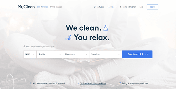 Screenshot of the MyClean website homepage, featuring a booking interface for cleaning services with a slogan "We clean. You relax." The search filters include location, apartment type, number of bathrooms, and service type.