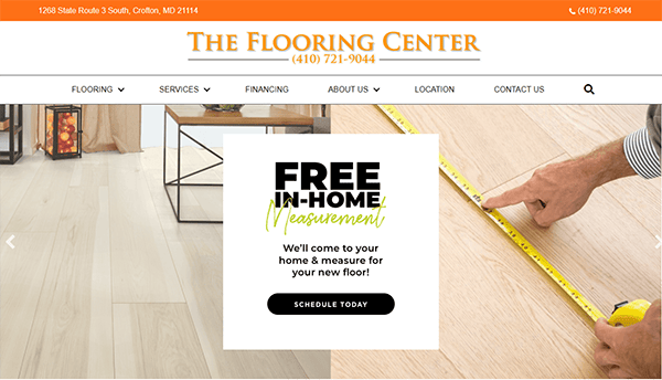 The image shows a website for The Flooring Center. It offers free in-home measurement for new flooring. The contact number and address are displayed at the top, along with tabs for various services.