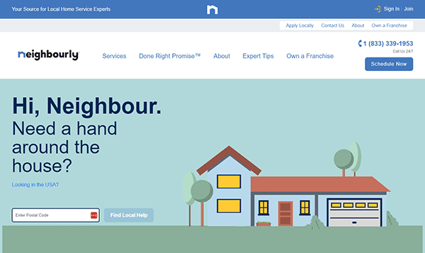 A website homepage for "Neighbourly" offering local home services. The page features a house illustration, search bar for postal code, and contact details, including a phone number and "Schedule Now" button.