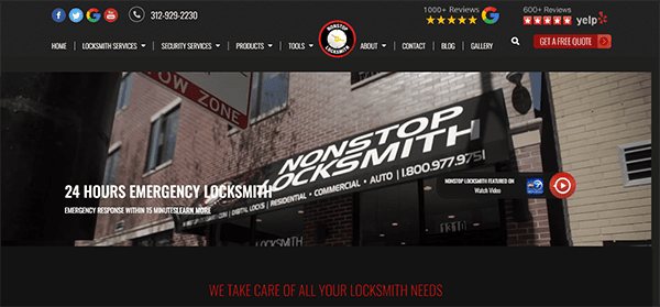 Screenshot of the homepage of Nonstop Locksmith. The page features contact information, navigation menu, and the company's logo. A banner image with the text "24 Hours Emergency Locksmith" is also visible.