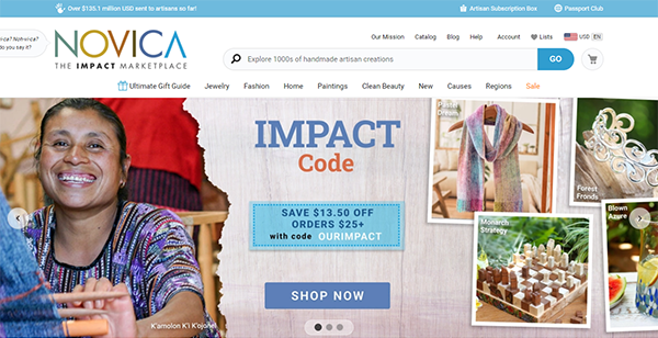 The homepage of an online marketplace, featuring artisan-made jewelry and crafts, a savings code, and a promotional banner with a smiling person, intended to promote handmade products globally.