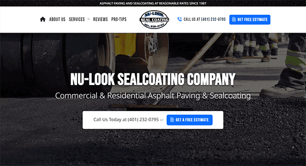 A webpage for Nu-Look Sealcoating Company advertising commercial and residential asphalt paving and sealcoating services, with contact information and a button to get a free estimate.