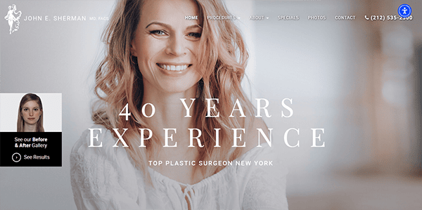 A smiling woman is featured below text that reads "40 Years Experience - Top Plastic Surgeon New York" on a webpage header for John E. Sherman, MD, FACS. A gallery preview with a woman's photo is in the bottom left corner.