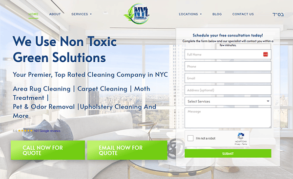 Screenshot of a carpet cleaning company's website showcasing non-toxic green solutions and offering a free consultation form, with options to call or email for a quote.