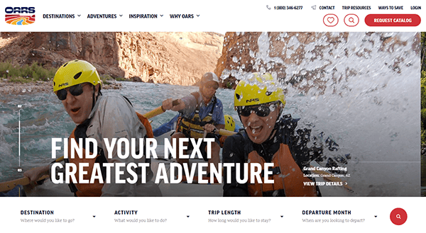 Three people white-water rafting, with one person in the background rowing and two in the foreground smiling and wearing helmets and life jackets. Text overlay reads "FIND YOUR NEXT GREATEST ADVENTURE.