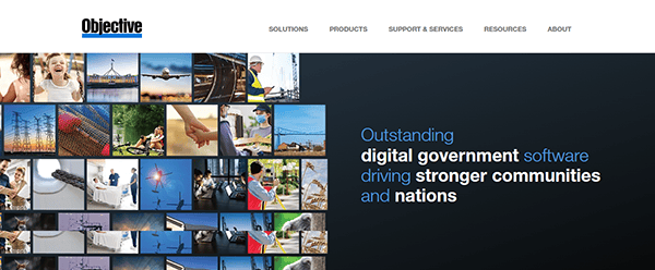 Website header with the Objective logo, navigation menu, and a slogan: "Outstanding digital government software driving stronger communities and nations." Collage of various images below.