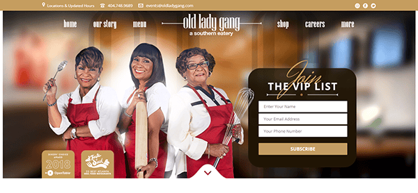 Three women in red aprons hold kitchen utensils, promoting "Old Lady Gang: A Southern Eatery." The webpage includes menu options, contact details, and a VIP list signup form.