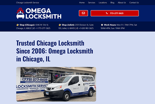 Screenshot of Omega Locksmith's website, showcasing their exceptional locksmith services with contact details, operating hours, and an image of a branded service van. It's a prime example of one of the best locksmith websites in the industry.