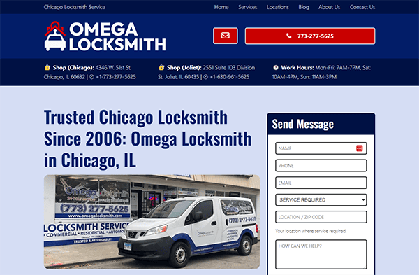 Website homepage for Omega Locksmith displaying contact information, a locksmith van image, and a form to send a message. Text mentions the locksmith service's experience in Chicago since 2006.