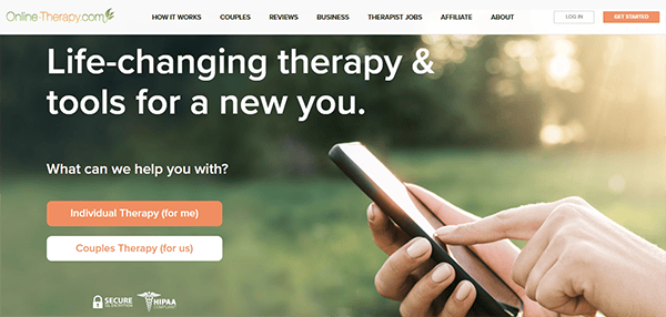 A person holding a mobile device in a grassy outdoor setting. The text reads, "Life-changing therapy & tools for a new you. What can we help you with? Individual Therapy (for me), Couples Therapy (for us).