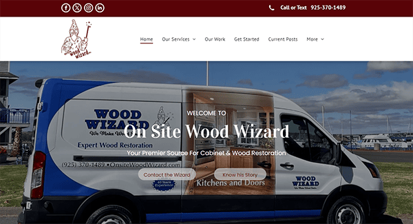 A mobile workshop van for "On Site Wood Wizard" parked in front of a building, displaying services like cabinet and wood restoration. The website header includes navigation links and contact information.