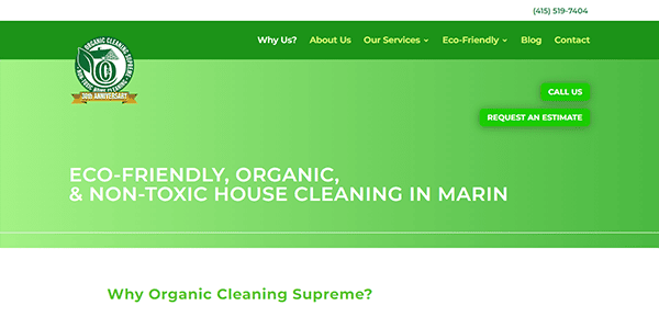 A website homepage with a green background advertising eco-friendly, organic, and non-toxic house cleaning services in Marin. Includes contact information and buttons for calling or requesting an estimate.