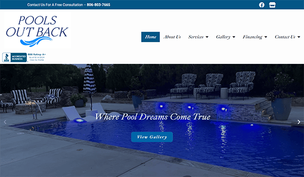 Website homepage showing a luxury pool with blue lighting at night. The site offers details about services, a gallery, financing options, and contact information, with a banner that reads "Where Pool Dreams Come True.