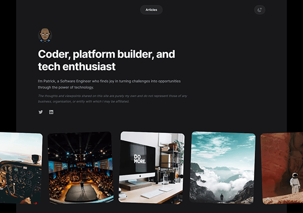 A webpage featuring a tech enthusiast's bio, "Coder, platform builder, and tech enthusiast," with images including a cockpit, conference, "Do More" sign, mountains, and a person in a canyon.