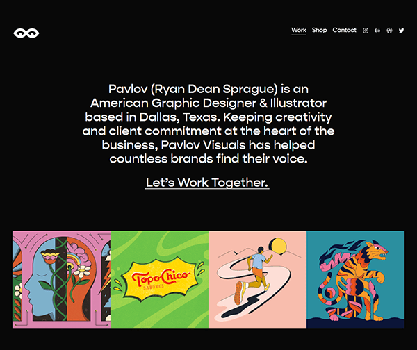 Website homepage for Pavlov (Ryan Dean Sprague), an American graphic designer and illustrator based in Dallas, Texas. Features four colorful illustrations and a "Let's Work Together" call-to-action.