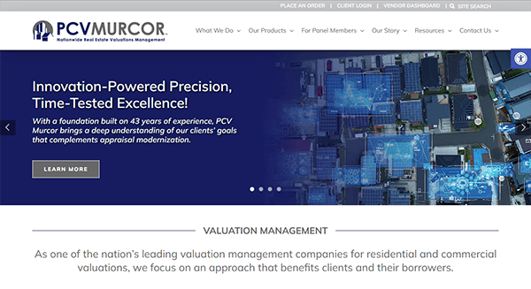 Screenshot of the PCV Murcor homepage, showcasing their expertise in valuation management, with text highlighting their 43+ years of experience. The navigation bar includes options such as "What We Do," "Our Products," and "For Panel Members.