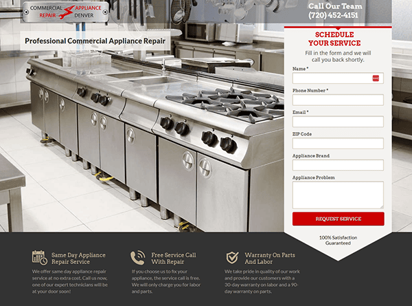 Commercial kitchen with stainless steel appliances. To the right, a form for scheduling appliance repair service with fields for Name, Phone Number, Email, ZIP Code, Appliance Brand, and Appliance Problem.