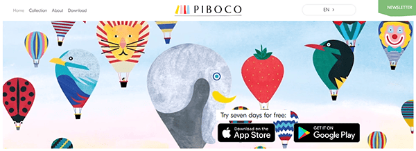 A webpage for Piboco promotes their app, offering a seven-day free trial. It features cartoon hot air balloons and includes buttons to download on the App Store and Google Play.