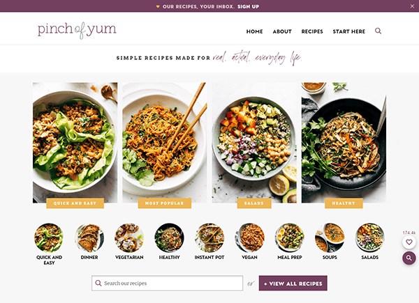 Screenshot of the "Pinch of Yum" website showing various recipes categorized by "Quick and Easy," "Most Popular," "Salads," and "Healthy." Filtering options include categories like "Vegetarian" and "Vegan.