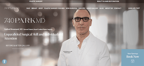 A man in a white lab coat with glasses is in focus. Text on the screen mentions "740 PARK MD" and describes unparalleled surgical skill and individualized attention. There's a call to book now and a phone number.