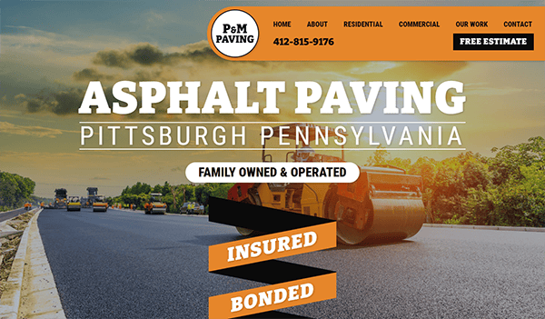 Promotional image for P&M Paving in Pittsburgh, Pennsylvania featuring asphalt paving, contact number, and offerings such as residential and commercial paving, with highlights on being insured and bonded.